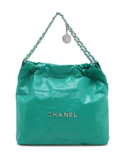Pre-owned Chanel 2021-2026 Medium Quilted Shiny Calfskin 22 Handbag Tote Bag In Green