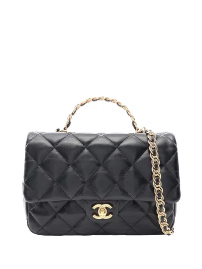 Pre-owned Chanel 2021-2026 Medium Quilted Shiny Lambskin Golden Links Top Handle Flap Satchel In Black