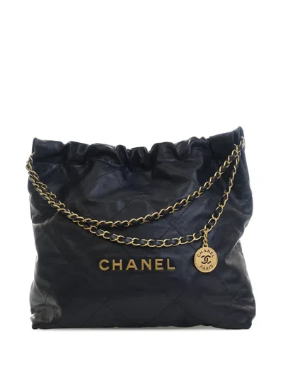 Pre-owned Chanel 2021-2026 Medium Shiny Calfskin 22 Handbag Tote Bag In Blue
