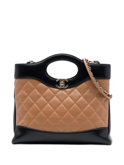 Pre-owned Chanel 2021-2026 Mini Bicolor Quilted Lambskin 31 Shopping Bag Satchel In Black