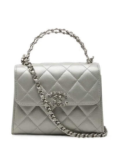 Pre-owned Chanel 2021-2026 Mini Cc Metallic Lambskin Top Handle Clutch With Chain Satchel In Silver
