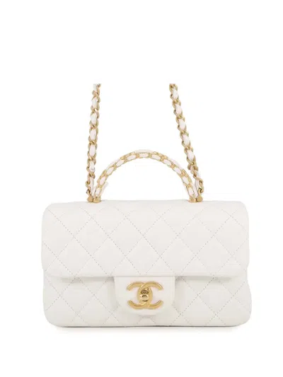 Pre-owned Chanel 2021-2026 Mini Cc Quilted Caviar Handy Flap Satchel In White