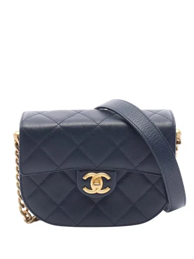 Pre-owned Chanel 2021-2026 Mini Cc Quilted Caviar Round Moon Messenger Flap Crossbody Bag In Blue