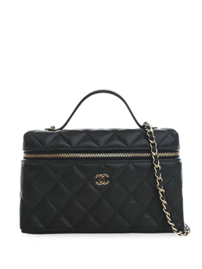 Pre-owned Chanel 2021-2026 Mini Cc Quilted Caviar Slim Vanity Case With Chain Satchel In Black