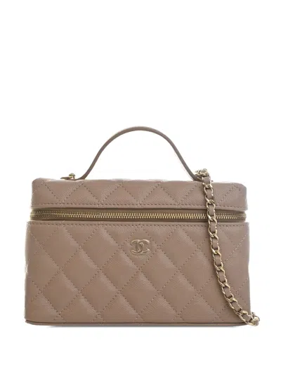 Pre-owned Chanel 2021-2026 Mini Cc Quilted Caviar Slim Vanity Case With Chain Satchel In Neutral