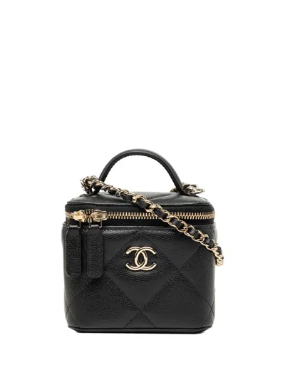 Pre-owned Chanel 2021-2026 Mini Cc Quilted Caviar Top Handle Vanity Case With Chain Satchel In Black