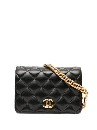 Pre-owned Chanel 2021-2026 Mini Cc Quilted Lambskin Bijoux Wallet On Chain Crossbody Bag In Black
