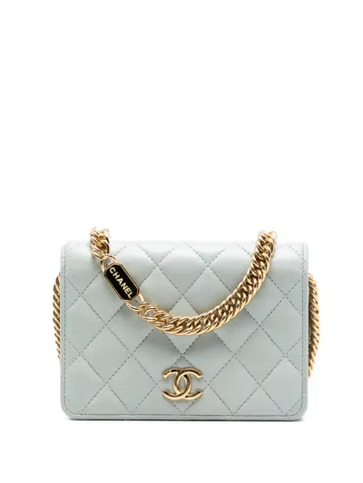 Pre-owned Chanel 2021-2026 Mini Cc Quilted Lambskin Bijoux Wallet On Chain Crossbody Bag In Blue
