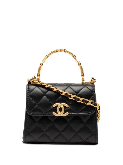 Pre-owned Chanel 2021-2026 Mini Cc Quilted Lambskin Enamel Top Handle Bag Satchel In Black