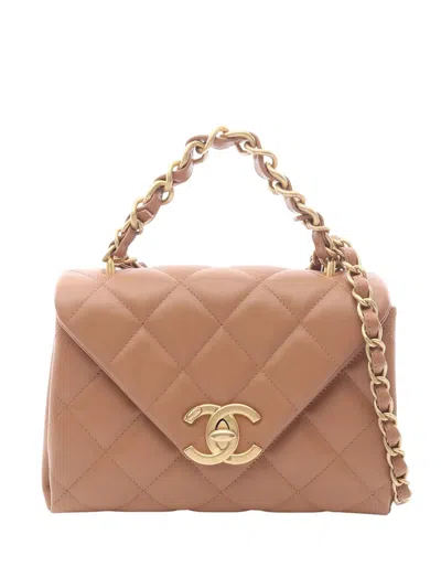 Pre-owned Chanel 2021-2026 Mini Cc Quilted Lambskin Envelope Flap Satchel In Brown