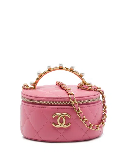 Pre-owned Chanel 2021-2026 Mini Cc Quilted Lambskin Pearl Top Handle Vanity Case With Chain Satchel In Pink