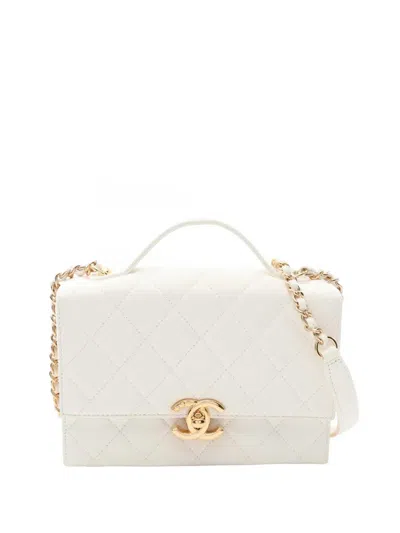 Pre-owned Chanel 2021-2026 Mini Cc Quilted Lambskin Plate Top Handle Flap Satchel In White