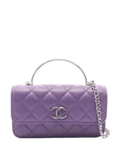 Pre-owned Chanel 2021-2026 Mini Cc Quilted Lambskin Top Handle Bag Satchel In Purple