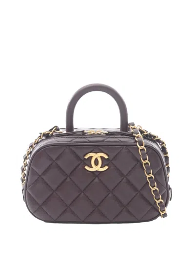 Pre-owned Chanel 2021-2026 Mini Cc Quilted Lambskin Top Handle Bowling Bag Satchel In Brown