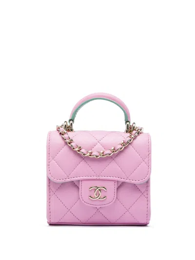 Pre-owned Chanel 2021-2026 Mini Cc Quilted Lambskin Top Handle Clutch With Chain Satchel In Pink