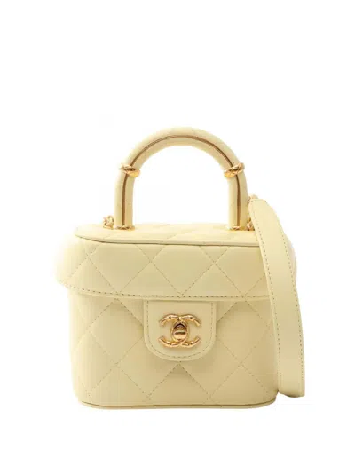 Pre-owned Chanel 2021-2026 Mini Cc Quilted Lambskin Vanity Case Satchel In Yellow