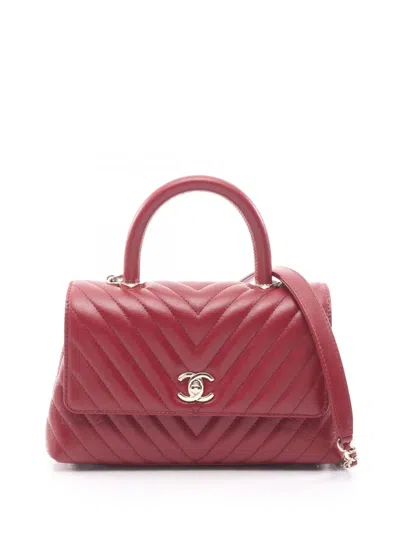 Pre-owned Chanel 2021-2026 Mini Chevron Lambskin Coco Top Handle Bag Satchel In Red
