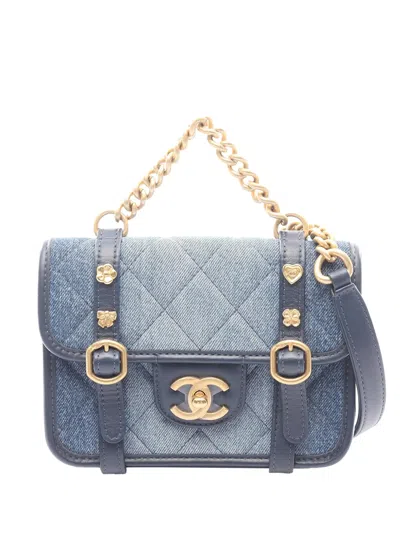 Pre-owned Chanel 2021-2026 Mini Denim Chain Flap Bag Satchel In Blue