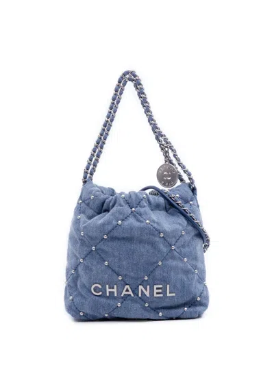 Pre-owned Chanel 2021-2026 Mini Denim Studded 22 Handbag Satchel In Blue