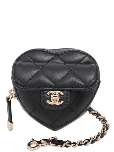 Pre-owned Chanel 2021-2026 Mini Lambskin Cc In Love Heart And Bag Charm Key Chain In Black