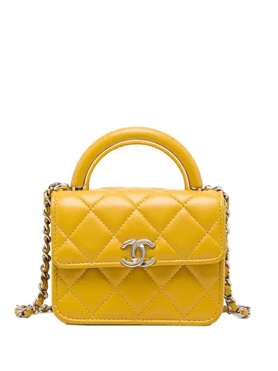 Pre-owned Chanel 2021-2026 Mini Lambskin Paris Le19m Charming Top Handle Flap Satchel In Yellow
