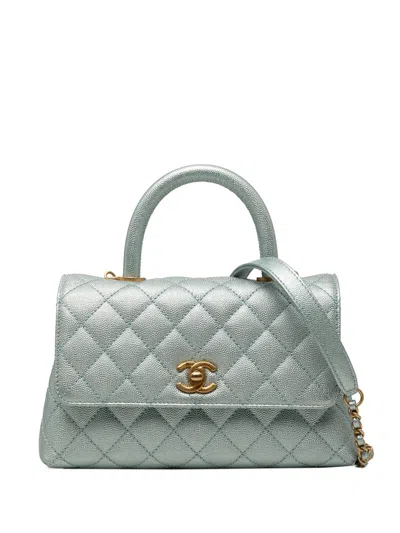 Pre-owned Chanel 2021-2026 Mini Metallic Caviar Coco Top Handle Bag Satchel In Blue