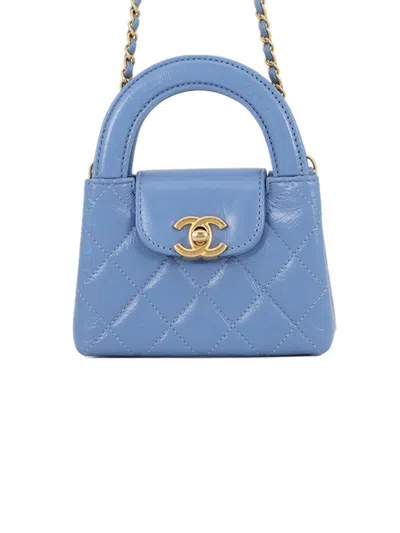 Pre-owned Chanel 2021-2026 Mini Nano Aged Calfskin Kelly Shopper Bag Satchel In Blue