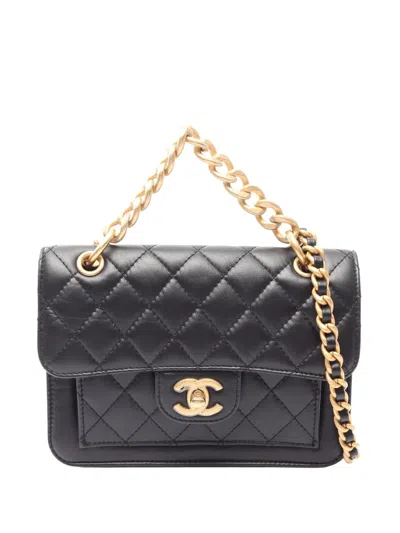 Pre-owned Chanel 2021-2026 Mini Quilted Aged Calfskin Double You Flap Satchel In Black