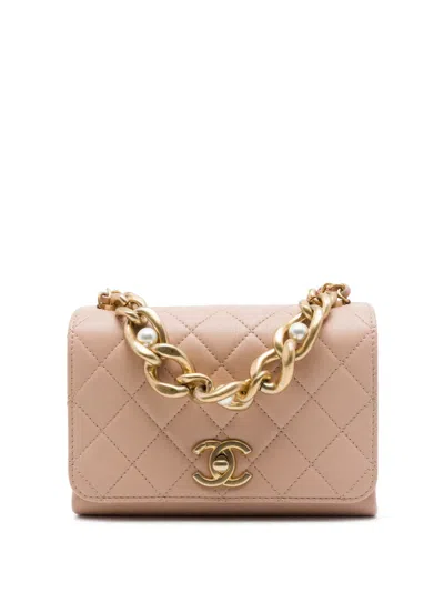 Pre-owned Chanel 2021-2026 Mini Quilted Calfskin Pearl Boy Chain Flap Satchel In Brown