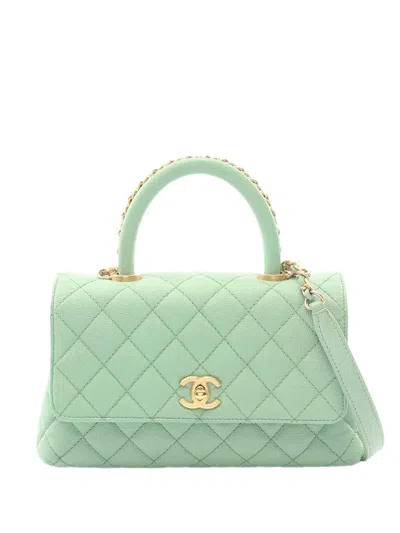 Pre-owned Chanel 2021-2026 Mini Quilted Caviar Coco Chain Top Handle Bag Satchel In Green