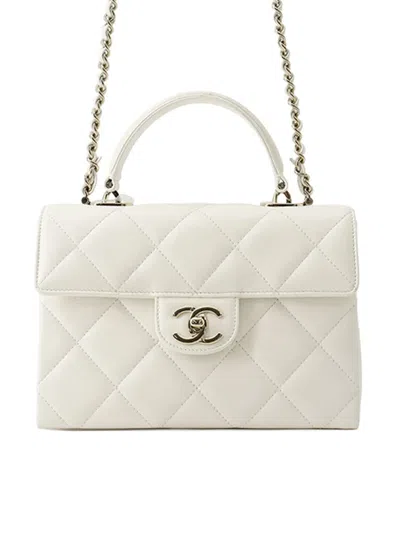 Pre-owned Chanel 2021-2026 Mini Quilted Caviar Retro Twist Top Handle Bag Satchel In White