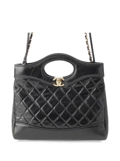 Pre-owned Chanel 2021-2026 Mini Quilted Glazed Calfskin 31 Shopping Bag Satchel In Black