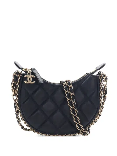 Pre-owned Chanel 2021-2026 Mini Quilted Lambskin Chain Around Hook Hobo Crossbody Bag In Black