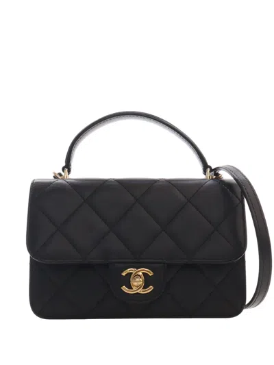 Pre-owned Chanel 2021-2026 Mini Quilted Lambskin Top Handle Flap Satchel In Black