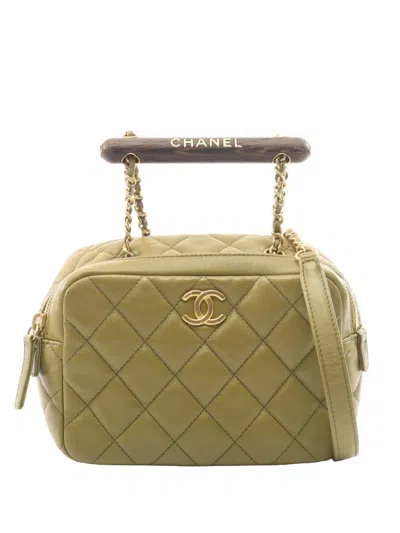 Pre-owned Chanel 2021-2026 Mini Quilted Lambskin Wenge Wood Bowling Bag Satchel In Green