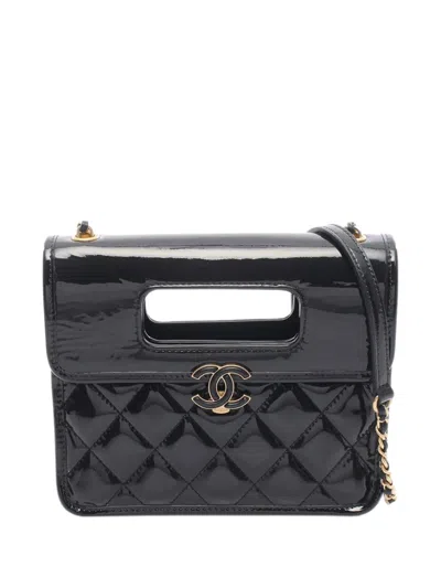 Pre-owned Chanel 2021-2026 Mini Quilted Patent Graphic Catch Flap Satchel In Black