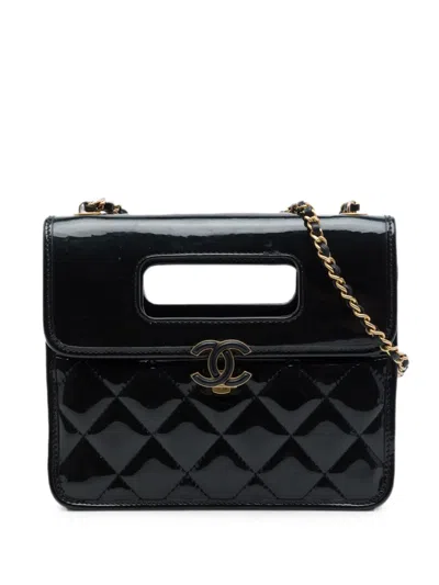 Pre-owned Chanel 2021-2026 Mini Quilted Patent Graphic Catch Flap Satchel In Black