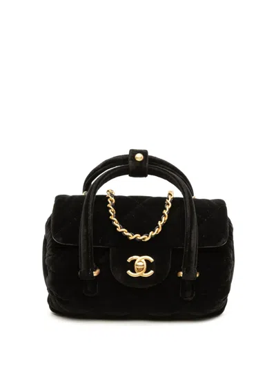 Pre-owned Chanel 2021-2026 Mini Quilted Velvet Top Handle Flap Satchel In Black