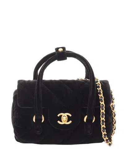 Pre-owned Chanel 2021-2026 Mini Quilted Velvet Top Handle Flap Satchel In Black