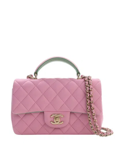 Pre-owned Chanel 2021-2026 Mini Rectangular Bicolor Quilted Lambskin Top Handle Flap Satchel In Pink
