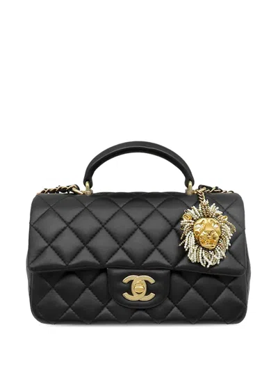 Pre-owned Chanel 2021-2026 Mini Rectangular Classic Lambskin Lion Charm Top Handle Flap Satchel In Black