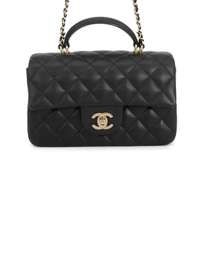 Pre-owned Chanel 2021-2026 Mini Rectangular Classic Lambskin Top Handle Flap Satchel In Black