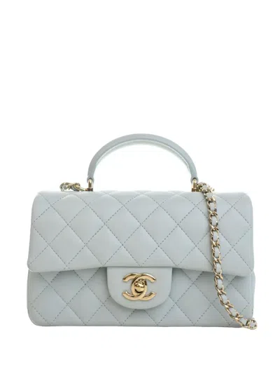 Pre-owned Chanel 2021-2026 Mini Rectangular Classic Lambskin Top Handle Flap Satchel In Blue