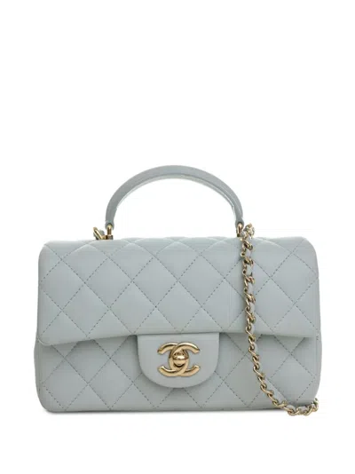 Pre-owned Chanel 2021-2026 Mini Rectangular Classic Lambskin Top Handle Flap Satchel In Blue