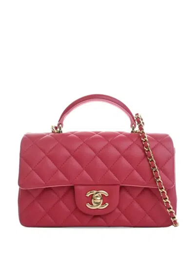 Pre-owned Chanel 2021-2026 Mini Rectangular Classic Lambskin Top Handle Flap Satchel In Pink