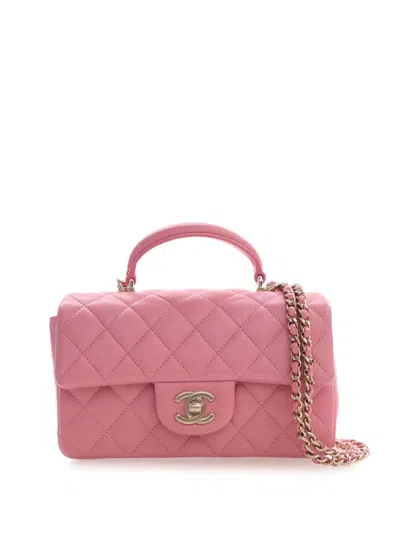 Pre-owned Chanel 2021-2026 Mini Rectangular Classic Lambskin Top Handle Flap Satchel In Pink