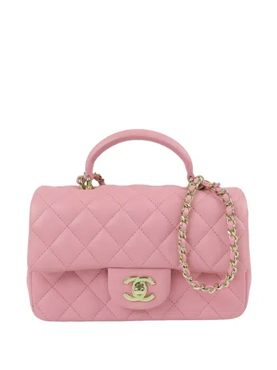 Pre-owned Chanel 2021-2026 Mini Rectangular Classic Lambskin Top Handle Flap Satchel In Pink