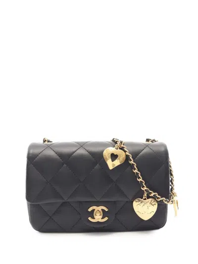 Pre-owned Chanel 2021-2026 Mini Rectangular Quilted Lambskin Heart Charms Flap Crossbody Bag In Black