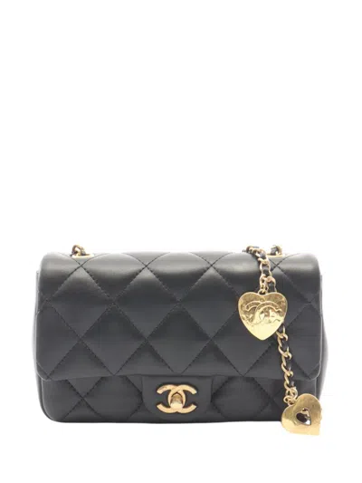 Pre-owned Chanel 2021-2026 Mini Rectangular Quilted Lambskin Heart Charms Flap Crossbody Bag In Black
