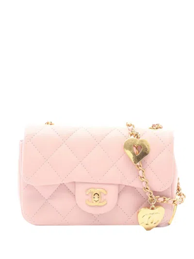 Pre-owned Chanel 2021-2026 Mini Rectangular Quilted Lambskin Heart Charms Flap Crossbody Bag In Pink